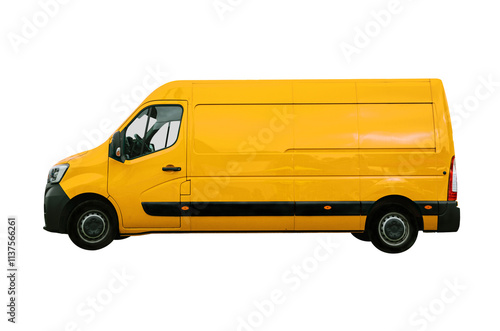 Side view of a new yellow transport van isolated on a transparent background. photo