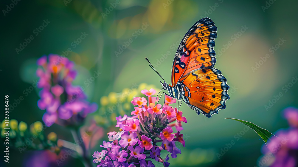 Obraz premium A beautiful photo of a colorful butterfly resting against a natural landscape, perfect as a banner background for a cover or social media design.