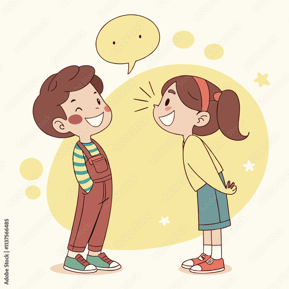Two cheerful children engaging in conversation with playful expressions. Two cheerful children engaging in conversation with playful expressions.