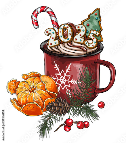 Cup of hot chocolate or coffee decorated with cookies and marshmallows 2025, cream and orange, vector illustration