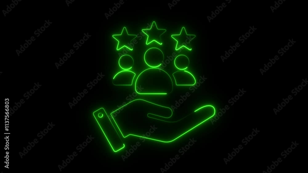 Neon Glowing Hand Holding Customer Satisfaction Concept with People Icons, Five-Star Ratings, and Service Excellence Neon Glowing Hand Holding Customer Satisfaction Concept with People Icons, Five-Star Ratings, and Service Excellence