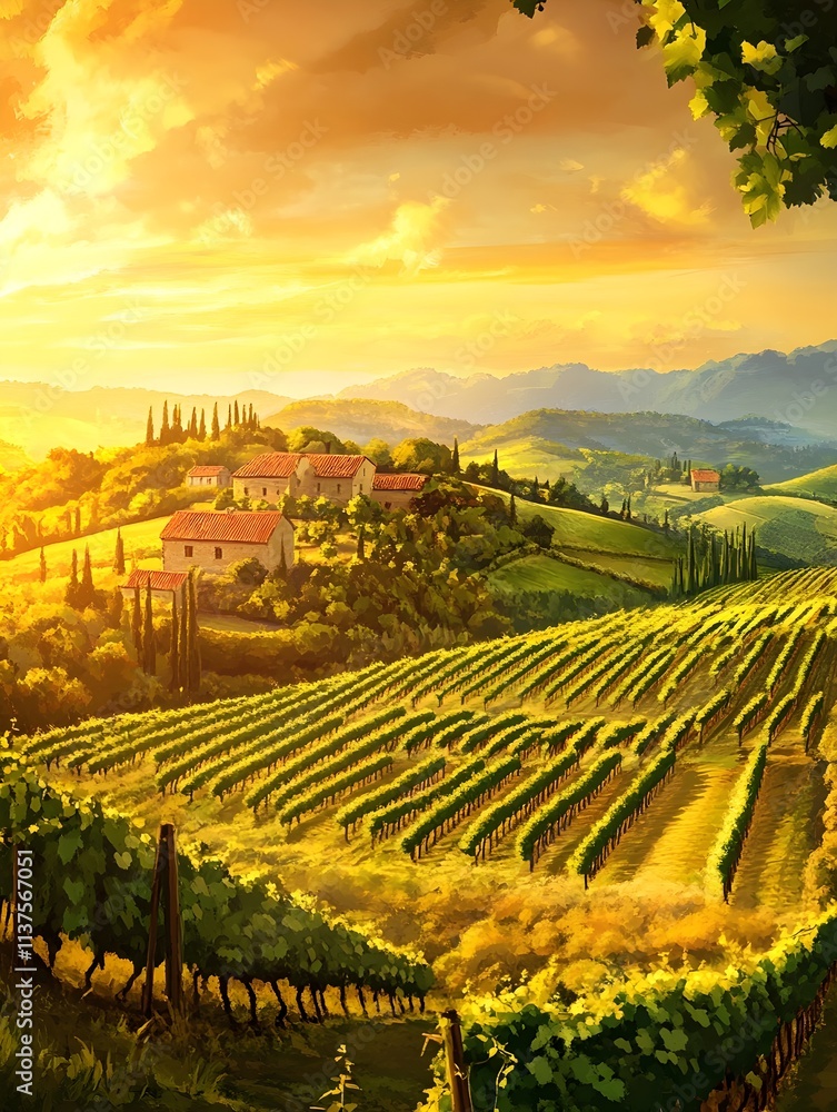 Fototapeta premium A picturesque vineyard with rows of grapevines, a rustic farmhouse, and rolling hills under a golden sunset.
