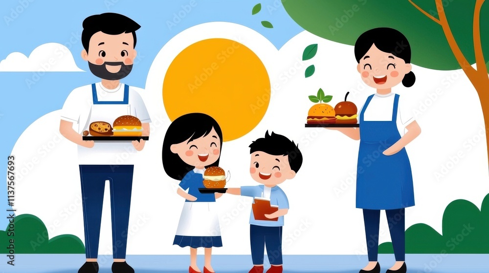 Fototapeta premium A joyful scene of a family including parents and their two children savoring a homemade meal outdoors in their backyard garden setting They are all smiling and laughing creating a warm