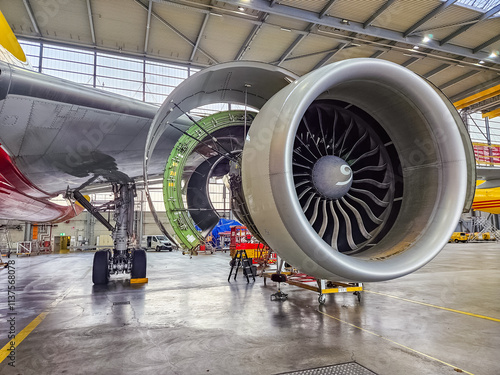 Photography Aircraft engine servicing in hangar, with various tools and equipment visible