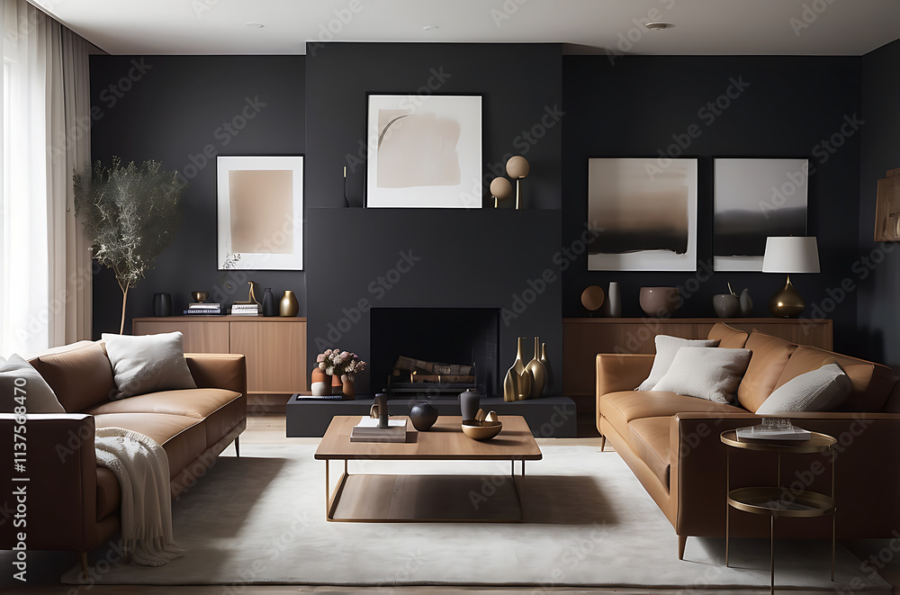 Contemporary Living Room with Brown Couch and Sleek Black Walls Contemporary Living Room with Brown Couch and Sleek Black Walls
