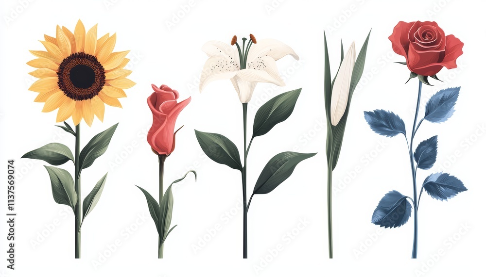 Floral art display featuring sunflower rose lily and more botanical exhibit digital illustration bright colors artistic perspective Floral art display featuring sunflower rose lily and more botanical exhibit digital illustration bright colors artistic perspective
