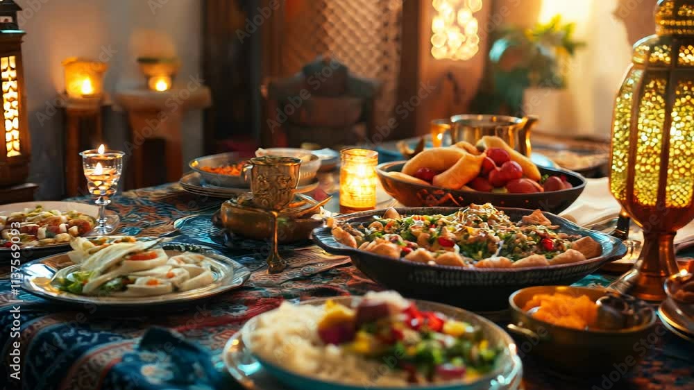 Lanterns placed on a beautifully set dining table, surrounded by traditional dishes, creating a festive atmosphere for Iftar during Ramadan Lanterns placed on a beautifully set dining table, surrounded by traditional dishes, creating a festive atmosphere for Iftar during Ramadan