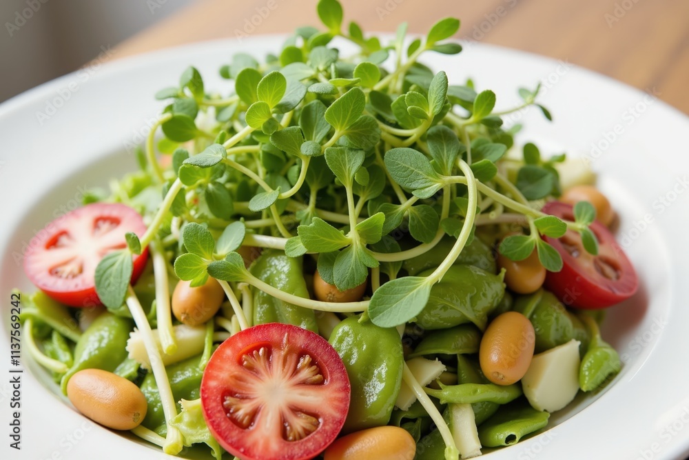 Fresh organic salad with cherry tomatoes, sprouts, lima beans, and cheese garnish Fresh organic salad with cherry tomatoes, sprouts, lima beans, and cheese garnish