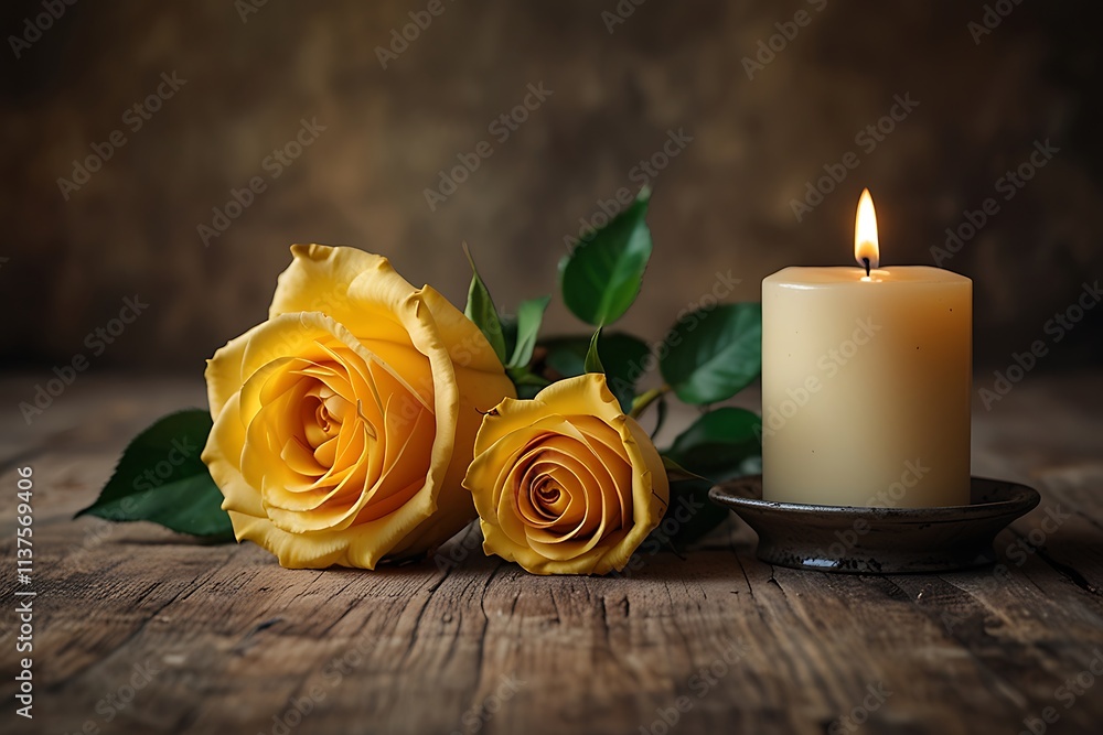 Elegant Yellow Rose and Candle on Rustic Wooden Table Elegant Yellow Rose and Candle on Rustic Wooden Table