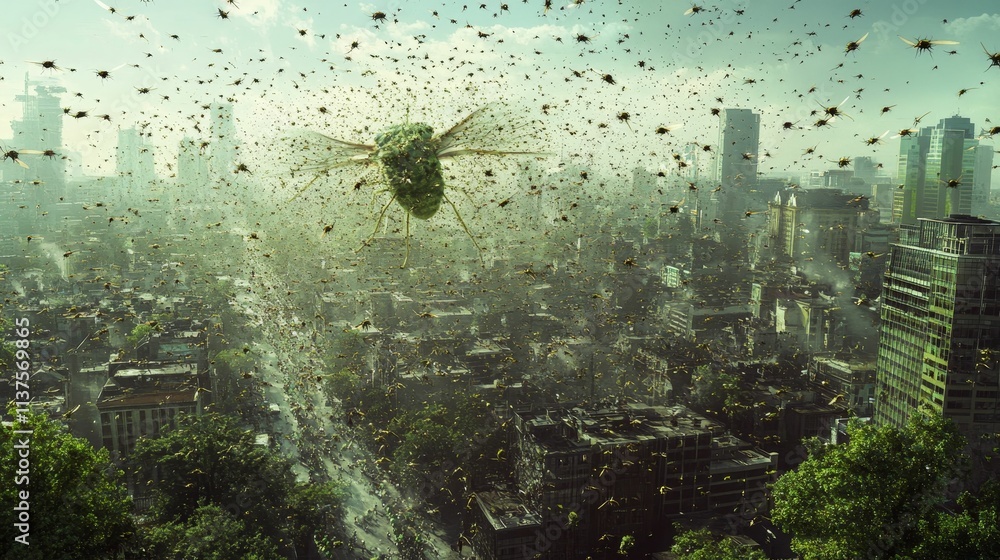 Obraz premium Giant insect swarms over ruined city.
