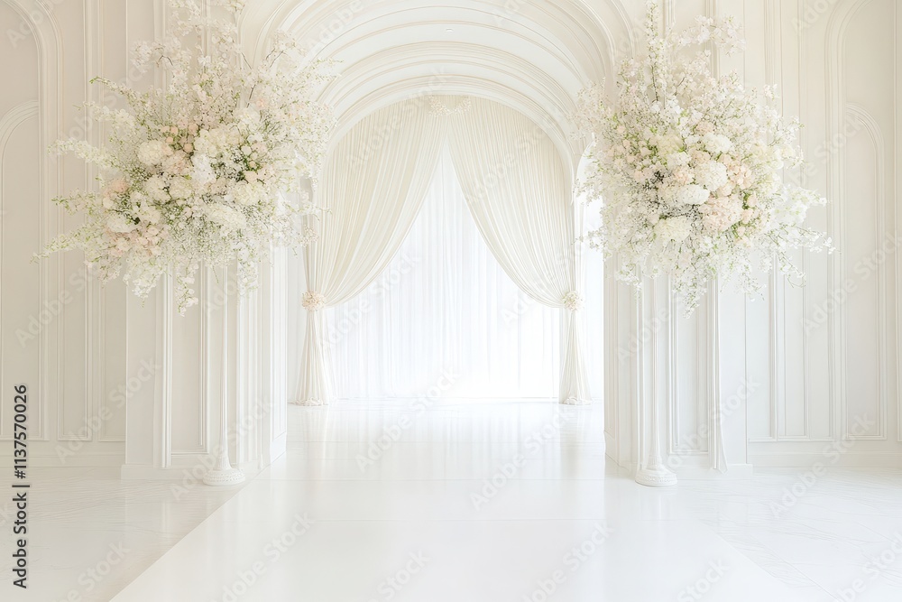 Elegant Floral Arrangements at a Serene Wedding Ceremony Hall with Soft Drapery and Bright White Decor Elegant Floral Arrangements at a Serene Wedding Ceremony Hall with Soft Drapery and Bright White Decor