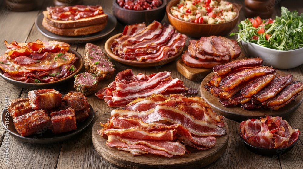 Obraz premium Assorted Cured Meats on Wooden Table with Fresh Ingredients Display