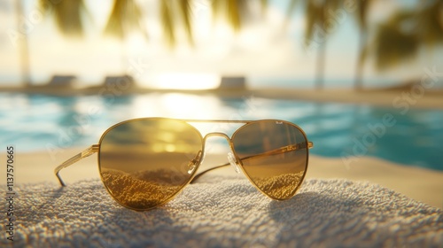 Wallpaper Mural Sunglasses on towel, beach scene reflected. Torontodigital.ca