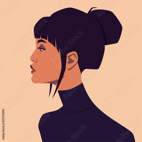 Portrait of asian young woman in profile. Fashion student’s head., side view. Diversity.  Avatar of girl for social networks. Stock vector illustration in flat style