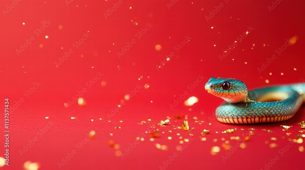 Cute little snake, Chinese New Year theme, on a red background with golden confetti. Cute little snake, Chinese New Year theme, on a red background with golden confetti.
