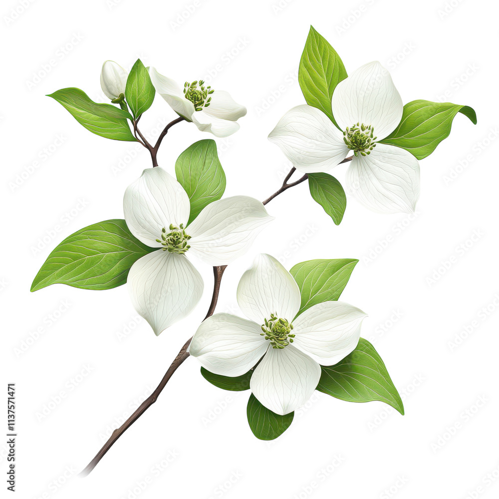 Fototapeta premium Elegant Dogwood Flowers on White Background Transparent Background.