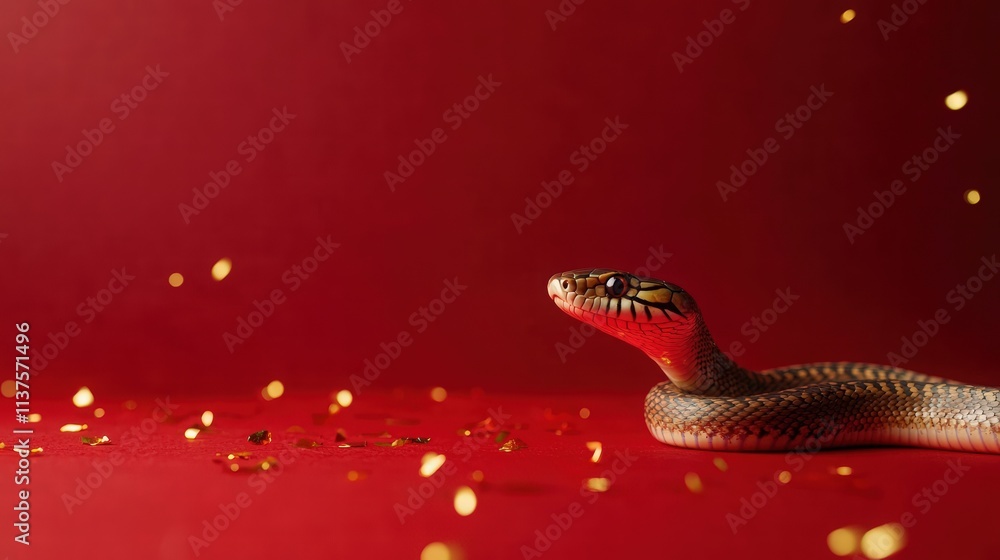 Cute little snake, Chinese New Year theme, on a red background with golden confetti. Cute little snake, Chinese New Year theme, on a red background with golden confetti.