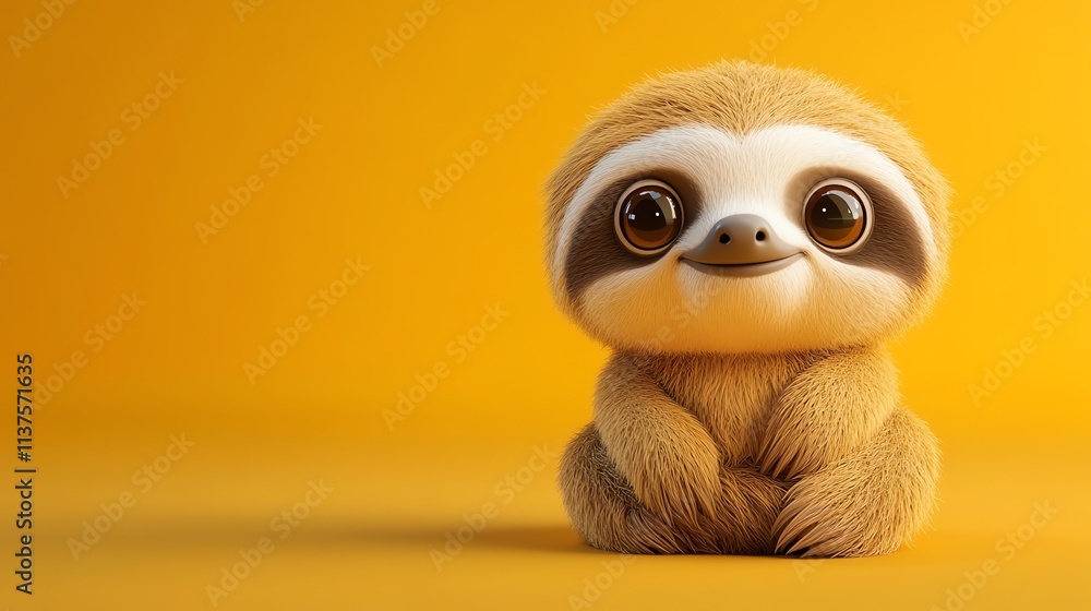 Obraz premium A cute cartoon sloth with big brown eyes sits on a yellow background.