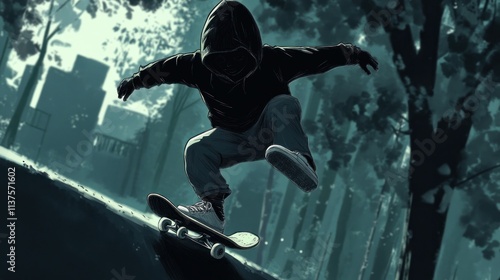 Skater in hoodie jumps on board.