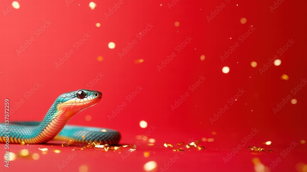 Fototapeta premium Cute little snake, Chinese New Year theme, on a red background with golden confetti.