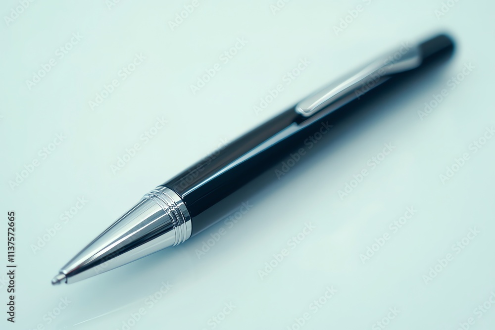A black and silver pen on a white surface. A black and silver pen on a white surface.
