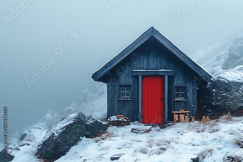 A cozy wooden cabin with a red door nestled in a snowy mountain landscape photo