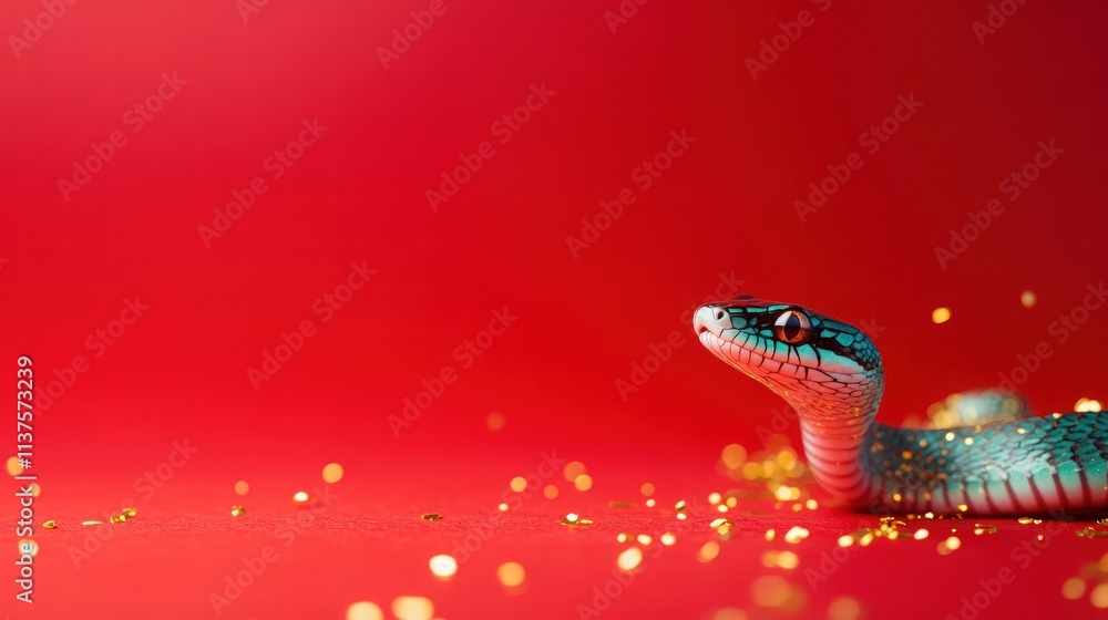 Cute little snake, Chinese New Year theme, on a red background with golden confetti. Cute little snake, Chinese New Year theme, on a red background with golden confetti.