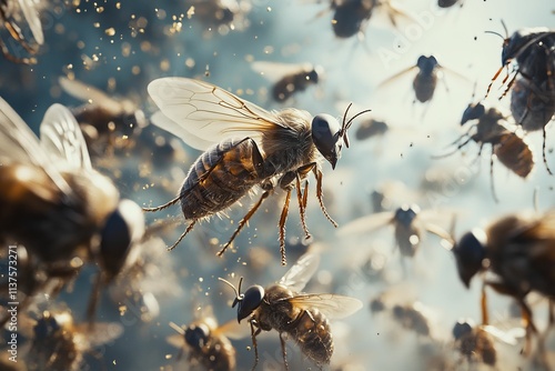 Many bees flying, pollen dust, blurred background.