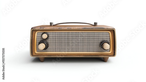 A vintage wooden radio with a metal grille and knobs.