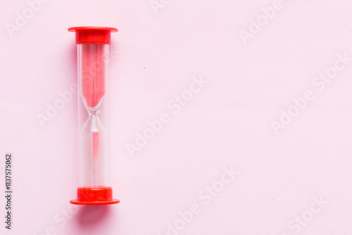 hourglass on the table, sand clock as time passing concept for business deadline, copy space
