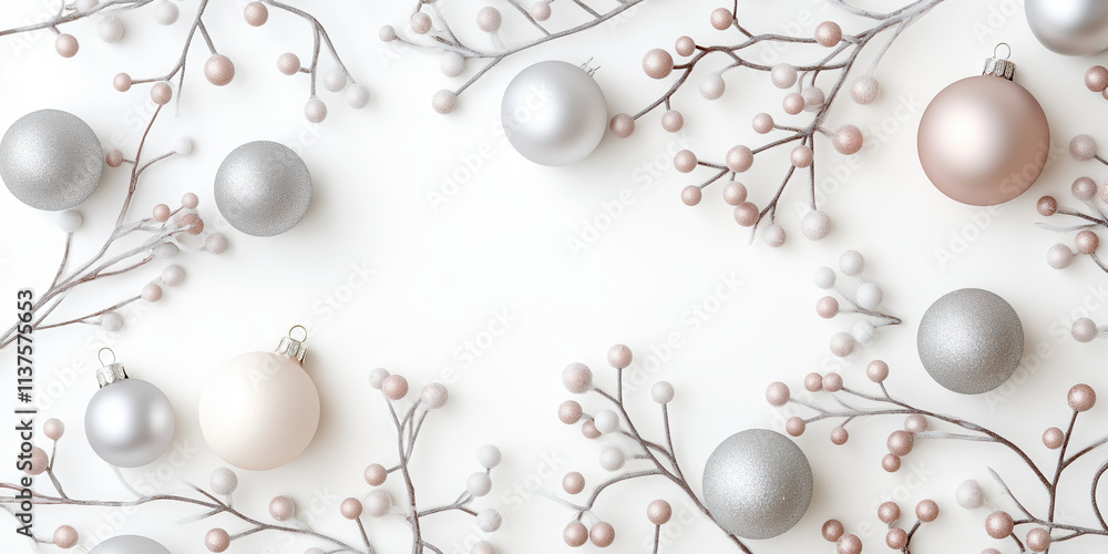 Obraz premium Minimalist holiday decoration with silver and blush ornaments on white background