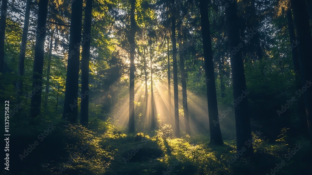 Obraz premium Sunlight Streaming Through a Misty Forest