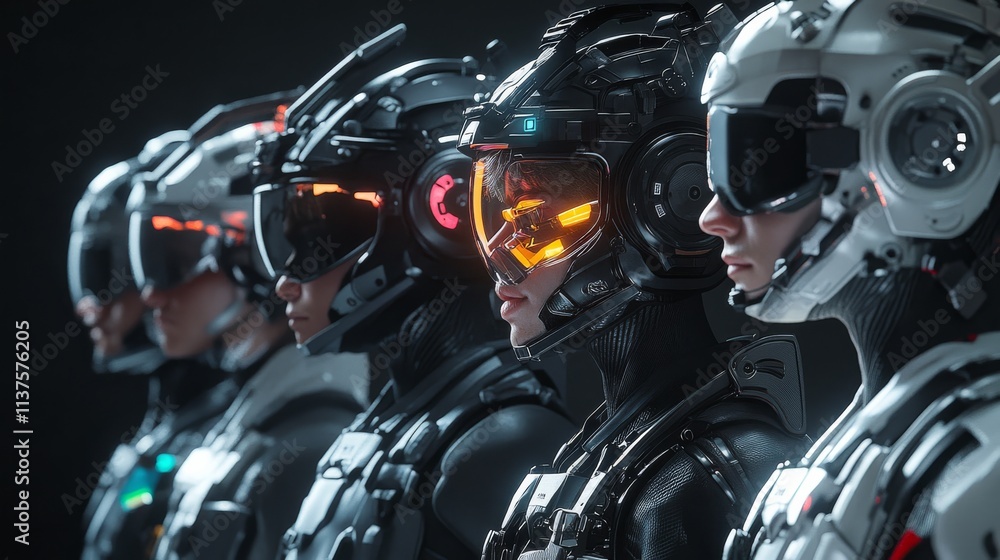 A lineup of futuristic, humanoid figures in sleek, high-tech suits, showcasing advanced technology and a sci-fi aesthetic. A lineup of futuristic, humanoid figures in sleek, high-tech suits, showcasing advanced technology and a sci-fi aesthetic.