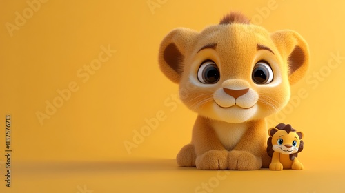 A cute cartoon lion cub with big eyes, on a yellow background. photo