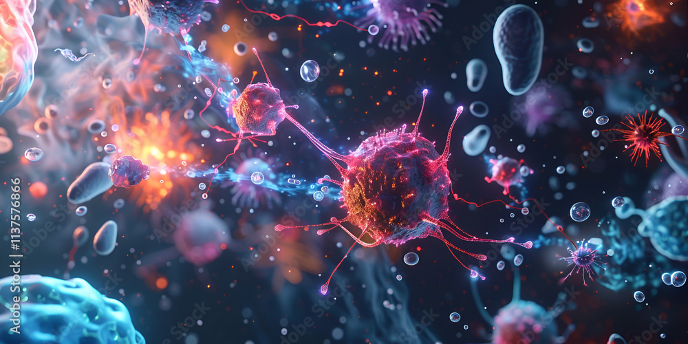 A chaotic microscopic world teeming with diverse and colorful bacteria, viruses, and other microorganisms, illustrating the complex interactions and battles that occur within our bodies . A chaotic microscopic world teeming with diverse and colorful bacteria, viruses, and other microorganisms, illustrating the complex interactions and battles that occur within our bodies .