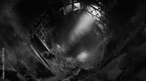Dark subterranean scene; figures near light source.