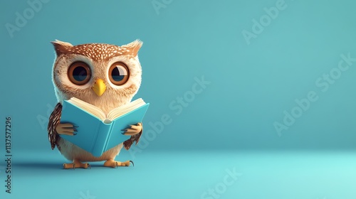 Cartoon owl reading a blue book on a blue background. photo