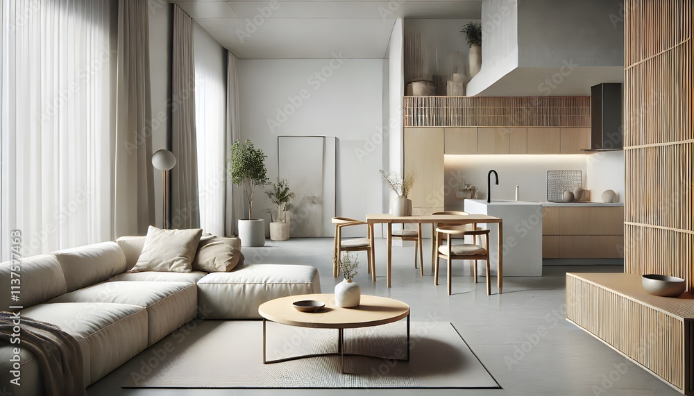 Fototapeta premium Modern Open-Plan Living Room and Kitchen Interior with Natural Light