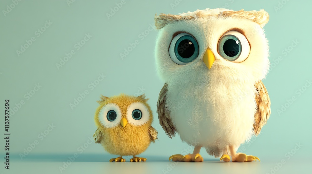 A cartoon owl and a baby owl stand together on a blue background.