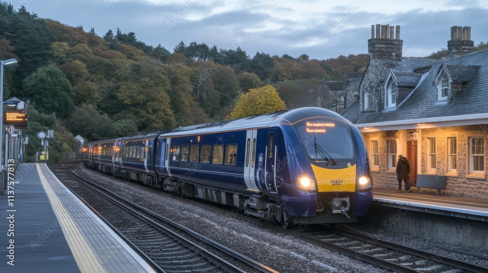 Naklejka premium Modern Train Arriving at Scenic Station Amidst Autumn Landscape
