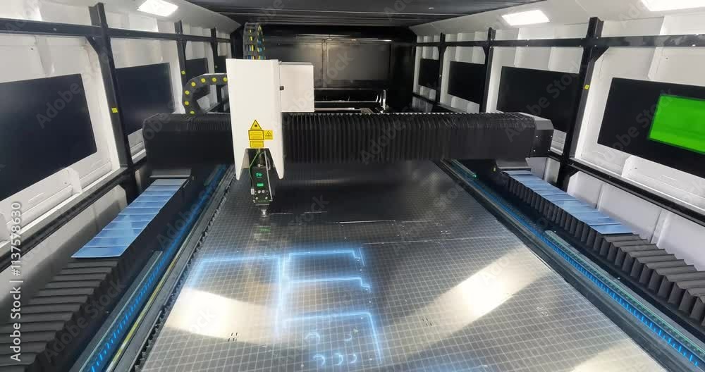 CNC laser cutting machine at work. metal laser cutting machine. CNC laser machine at the factory. Cutting metal with a laser CNC machine.