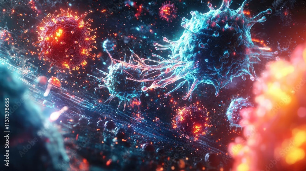 Cancer cells idea. Abstract representation of viruses in a vibrant and dynamic microscopic environment.