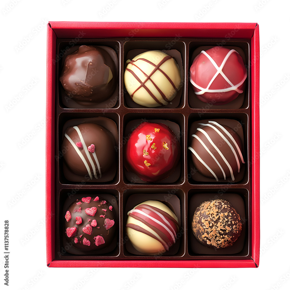 Top view of chocolate truffles valentine's in a red box on transparent background, Valentine's day desserts Top view of chocolate truffles valentine's in a red box on transparent background, Valentine's day desserts
