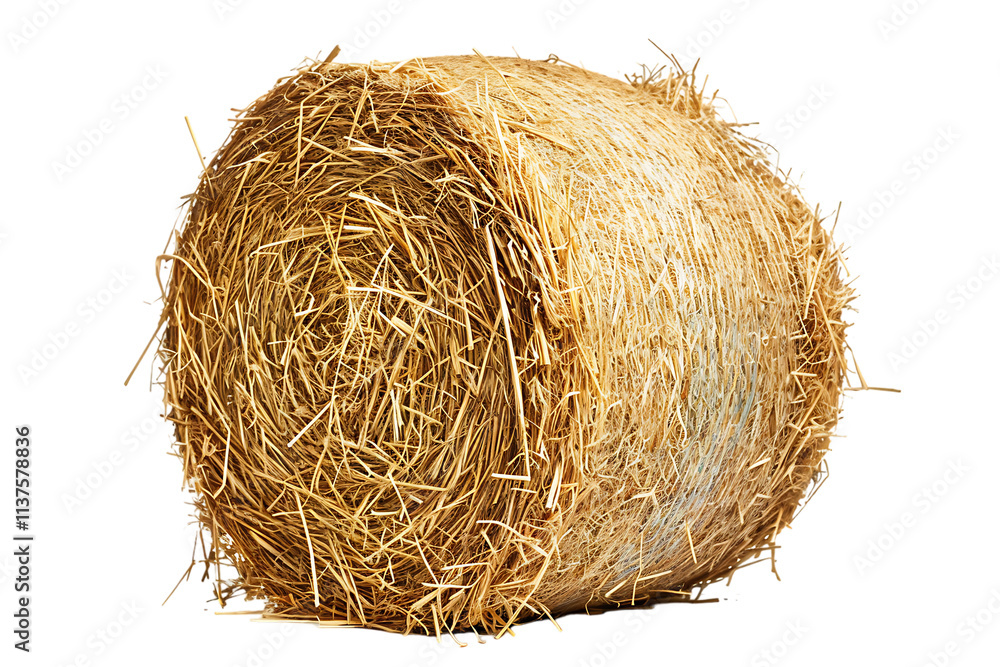 A cylindrical or round hay bale, isolated against a transparent background, highlighting its compact, rolled shape A cylindrical or round hay bale, isolated against a transparent background, highlighting its compact, rolled shape