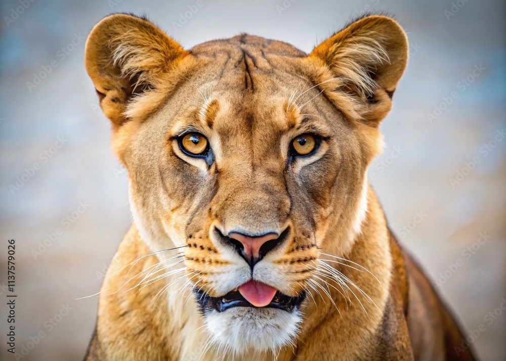 Obraz premium Minimalist Lioness Portrait: Lip Licking Gaze, Wildlife Photography, Big Cat, African Animal