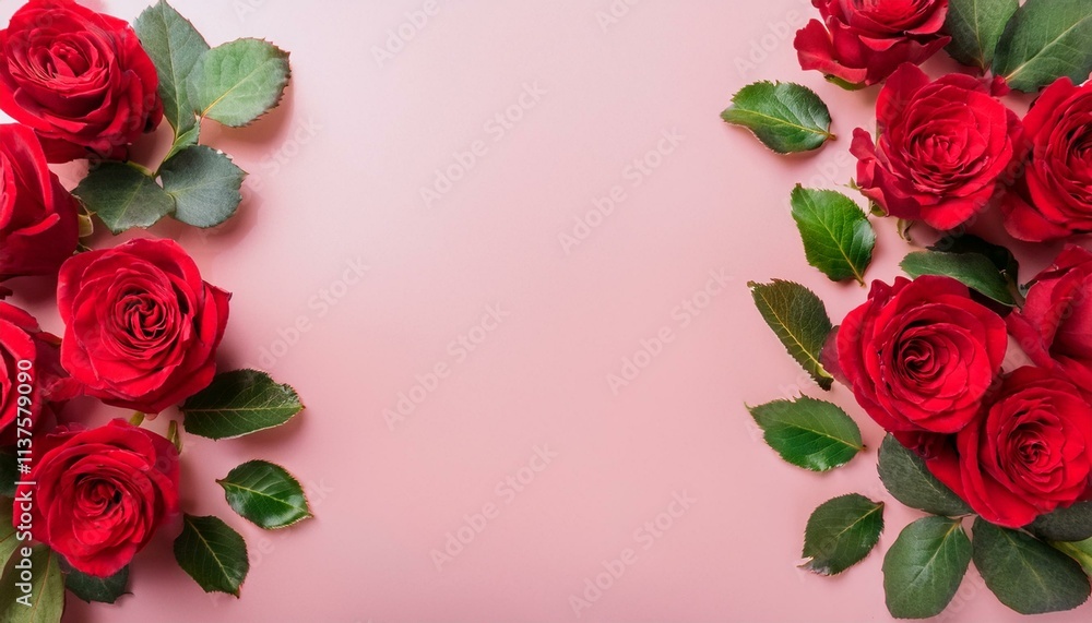 A garland of red roses and green leaves runs along the edges of the frame A garland of red roses and green leaves runs along the edges of the frame