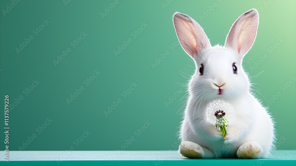 Cute White Rabbit Holding Green Flower on Vibrant Background Cute White Rabbit Holding Green Flower on Vibrant Background