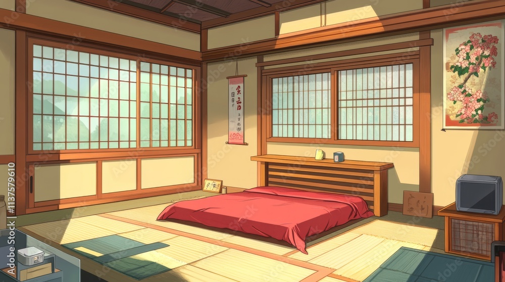 Cozy Japanese Bedroom with Futon and Natural Light Streaming In Cozy Japanese Bedroom with Futon and Natural Light Streaming In