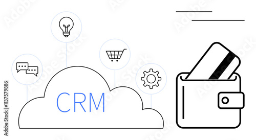 Cloud labeled CRM, wallet with credit card, chat bubbles, light bulb, shopping cart, gear icons. Ideal for e-commerce, CRM systems, payment solutions online shopping business innovation customer