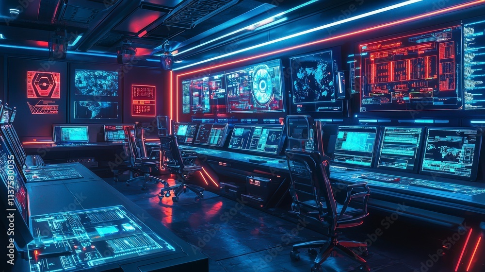 Futuristic ai-driven cybersecurity control room high-tech environment digital monitoring modern viewpoint innovative concept Futuristic ai-driven cybersecurity control room high-tech environment digital monitoring modern viewpoint innovative concept